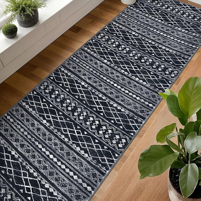 KUTA Long Hallway Runner Rug 2.6x16 Non-Slip Washable, Moroccan Vintage Black