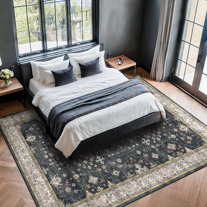 Black Boho Living Room Rug 5x7, Washable Dark Vintage Moody Low Pile Non Slip