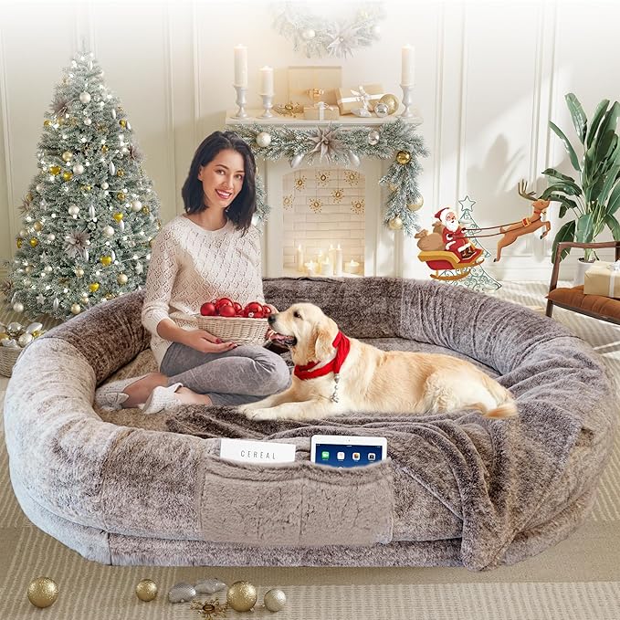 Human Dog Bed, 72"x48"x11" Extra Large Bean Bag Bed for Adults and Dogs, Ultimate Comfort Washable Fur and Blanket (Brown)