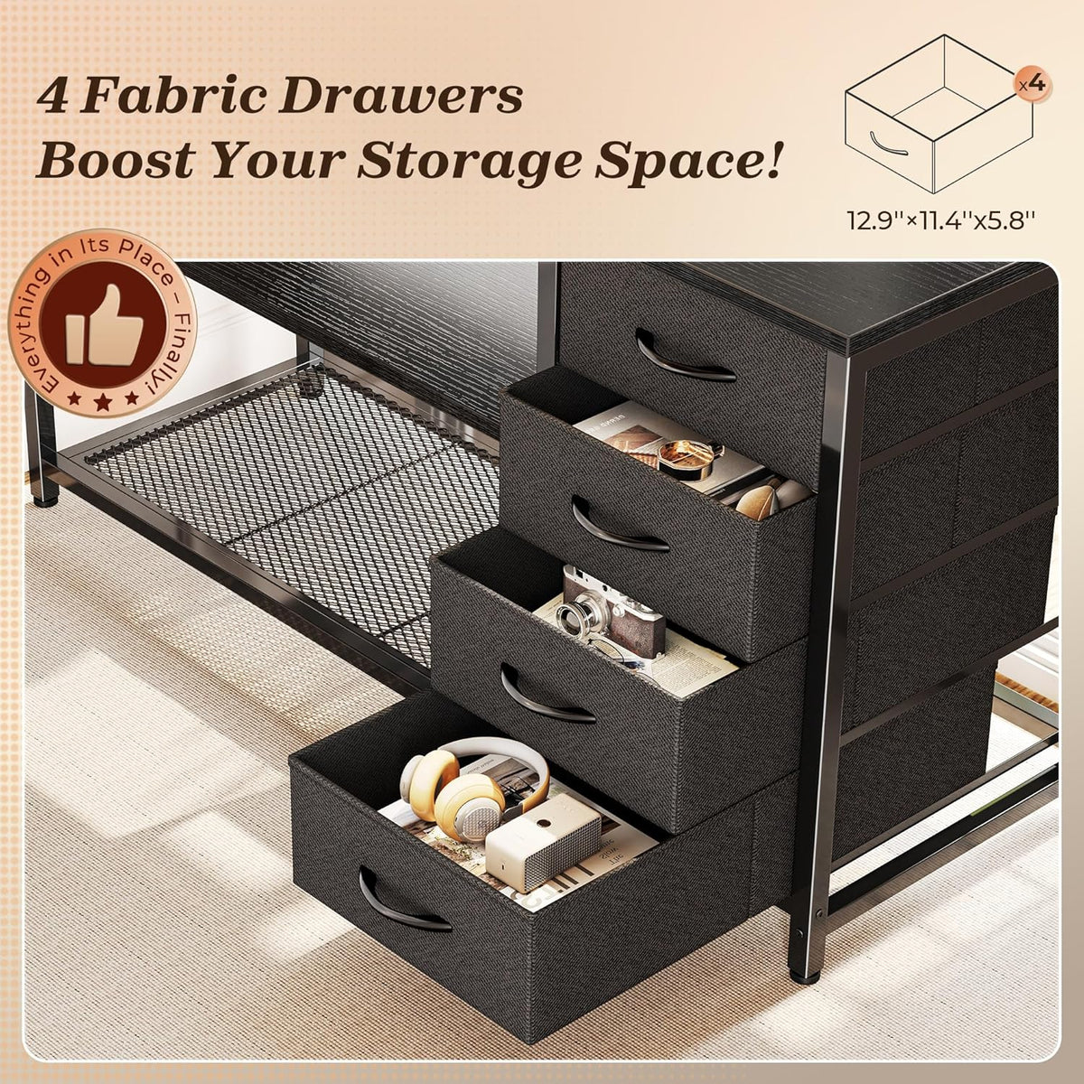 PRAISUN 53" L Shaped Desk with Power Outlets & 4 Drawers
