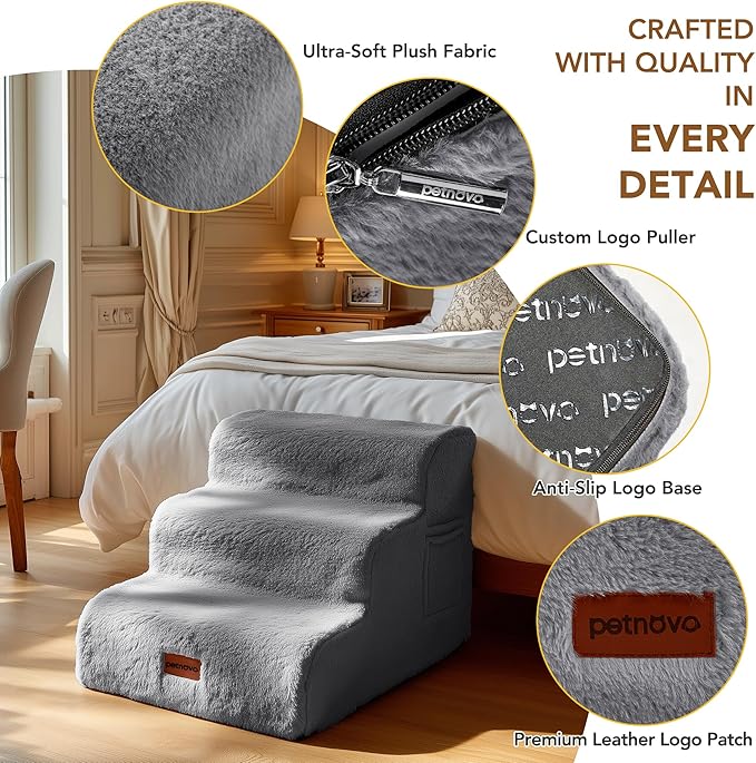 PETNOVO Ultra-Soft Rabbit Fur-Like Dog Stairs for Couch/Bed, Luxury Comfort 3-Step for Small & Senior Dogs, Non-Slip, Removable Washable Cover, Oeko-TEX Certified, 22.4" D x 15.7" W x 15.7" H, Gray