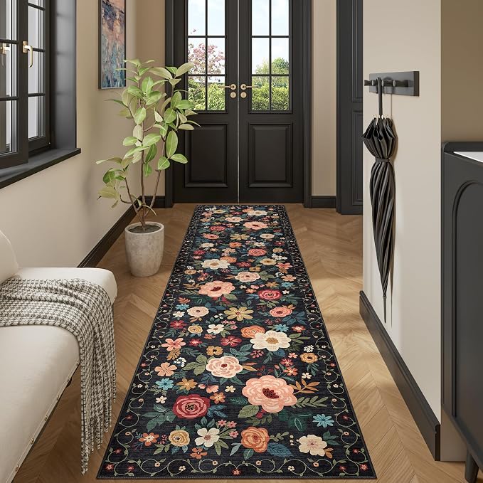 DUKINO Runner Rug for Hallway, 2.6x10 Washable Floral Long Kitchen Rug