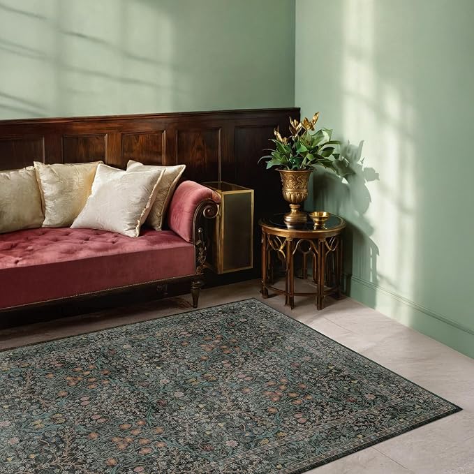 Washable Vintage 5x8 Living Room Rug, Dark Green Floral Area Rug