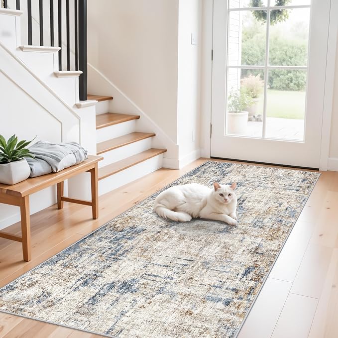 3x7 Washable Non-Slip Kitchen Runner Rug – Modern Abstract Neutral Beige & Gray