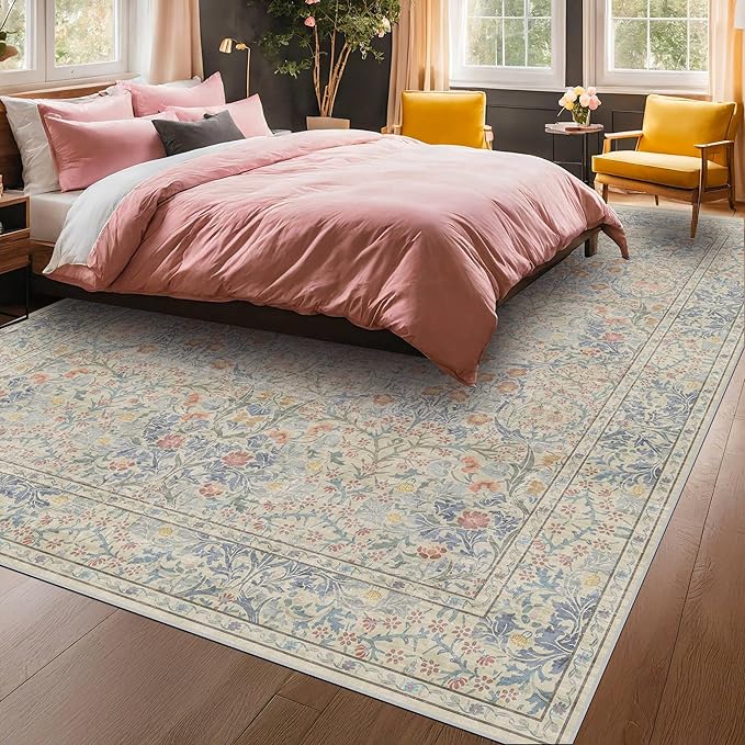 Vintage Washable Beige Blue 10x12 Rug
