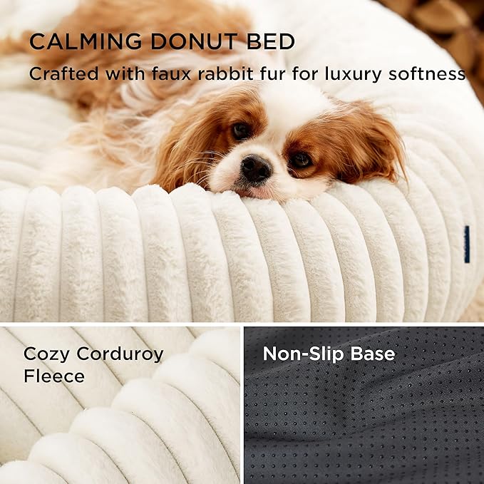 Bedsure Donut Medium Dog Bed 30x30x8 inches with Waterproof Dog Blankets for Medium Dogs 30"x40", Cream