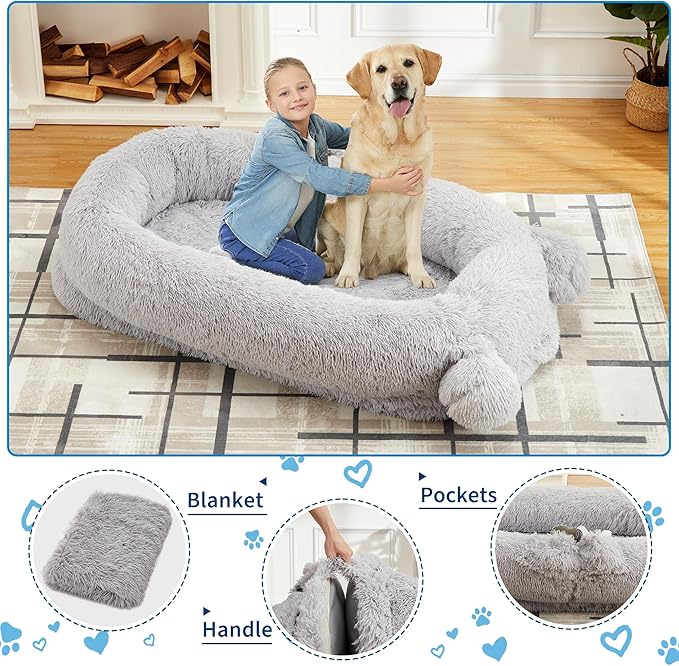 GarveeHome Human Sized Dog Bed, 71" x 45" x 12" Large Dog Bed with 2 Storage Pockets, Fluffy Faux Fur Orthopedic Pet Bean Bed for Adults & Giant Pets - Grey