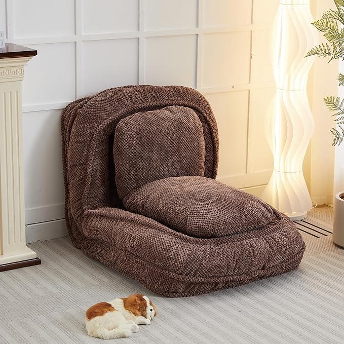 Adjustable 5-Position Human Dog Bed for People, Big Comfy Plush Floor Gaming Lazy Sofa Chair with Pillows & Back Support, Foldable Lounge Loveseat Couch for Living Room Bedroom (Brown)