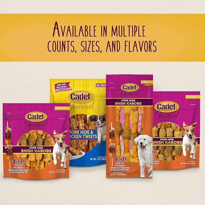 Cadet Gourmet Shish Kabob Dog Chews for Small Dogs, Rawhide Treats with Chicken, Duck and Sweet Potato, Healthy & Natural Pork Hide, 5-Inch Sticks, 24 oz.