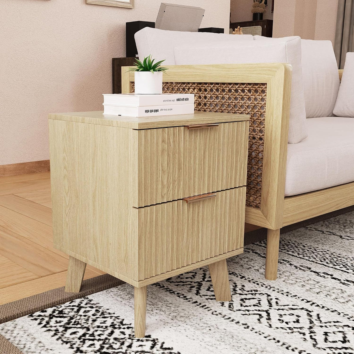 XUZENEST Fluted Nightstand, Mid Century Modern 2 Drawer Bedside Table for Bedroom, Small Dresser Night Stand Side End Table with Wood Fluted Drawer Storage for Bedroom Closet(Natural)