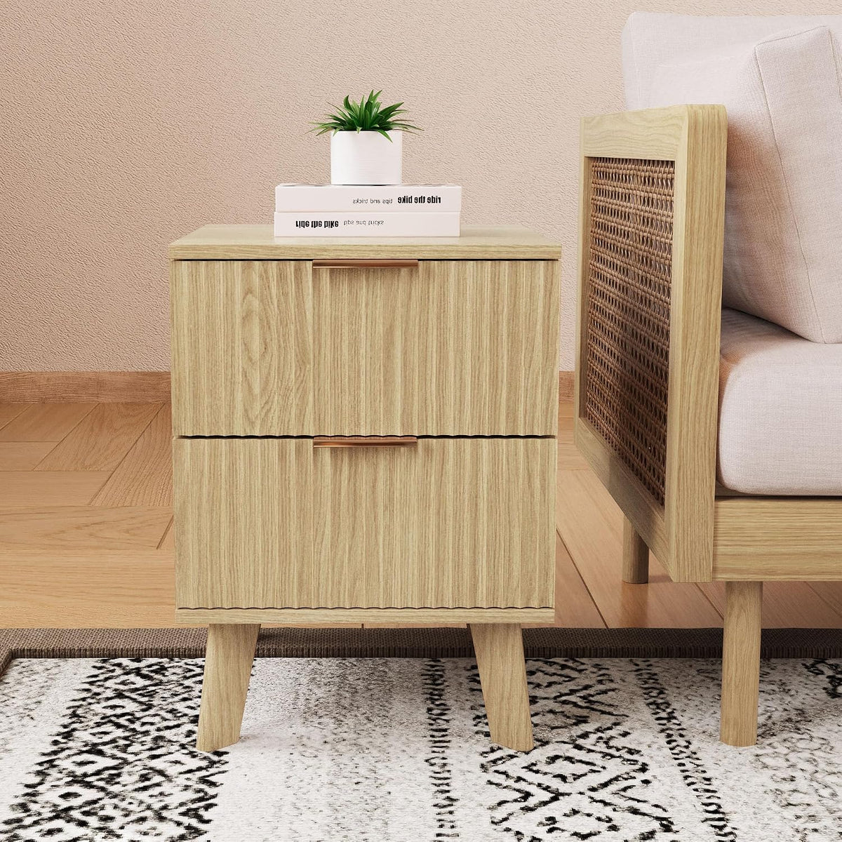 XUZENEST Fluted Nightstand, Mid Century Modern 2 Drawer Bedside Table for Bedroom, Small Dresser Night Stand Side End Table with Wood Fluted Drawer Storage for Bedroom Closet(Natural)