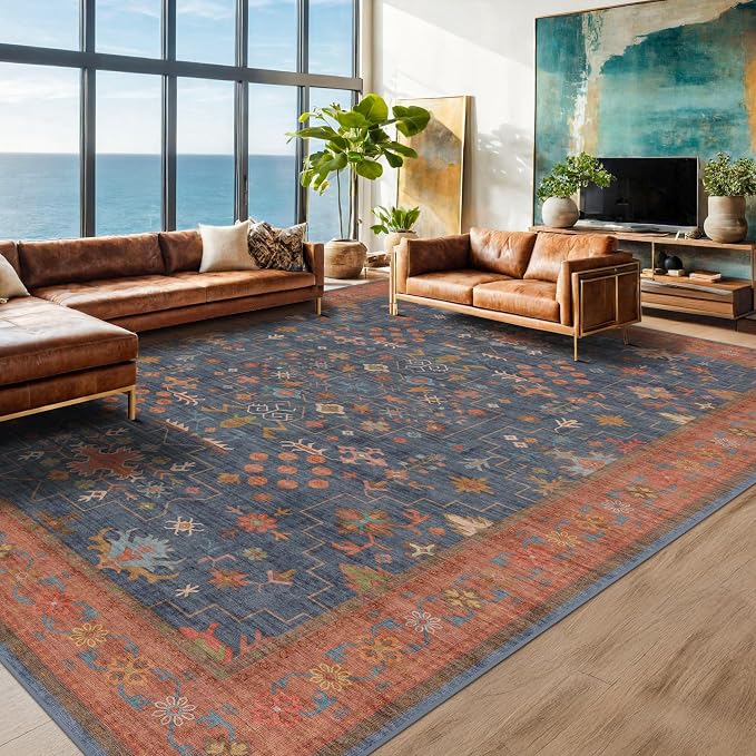 Boho Navy Blue 10x14 Area Rug for Living Room, Extra Large Dining Room Rugs for