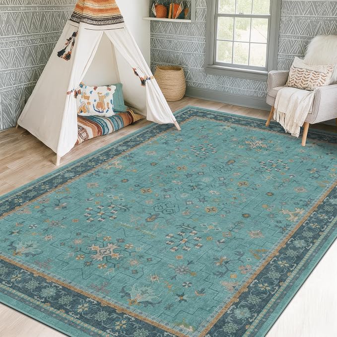 Large Boho 8x12 Teal Green Washable Living Room Rug