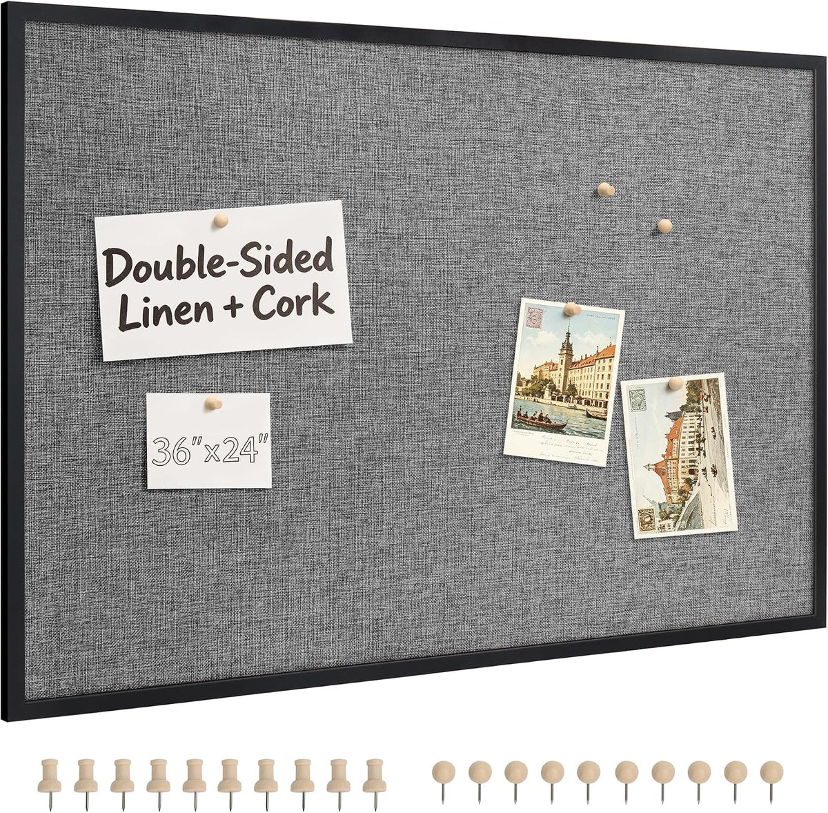 SELEAD Double-Sided Linen and Cork Bulletin Board (36"x24", Grey)