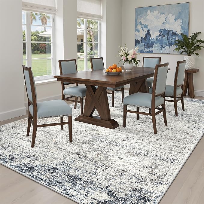 Soalmost 5x7 Area Rugs Blue Ivory Low Pile Indoor Washable Trendy Faded Style