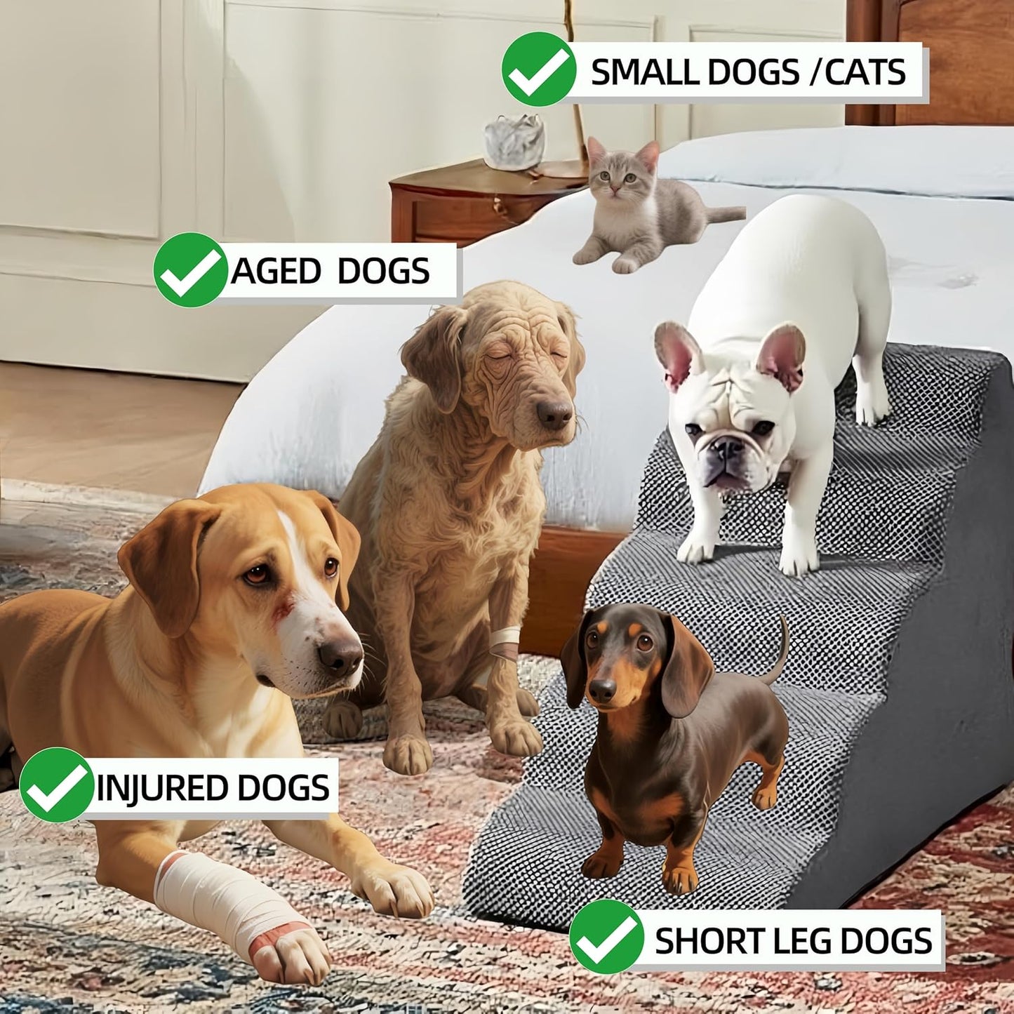 4 Step Pet Stairs Ramp for High Beds Sofas 18-24 Inch with Sturdy Non Slip Waterproof Pads, Machine Washable Cover Indoor Balanced Design for Cats Dogs Small Medium Large XL Pets Grey