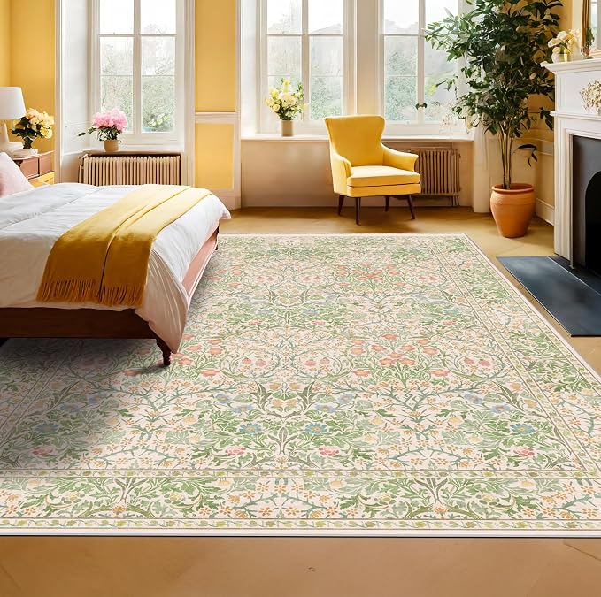 Vintage Washable Beige Green 10x12 Rug