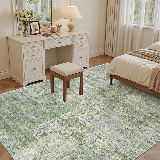 Soalmost Abstract Rug 5x7 Machine Washable Area Indoor Green Low Pile Non-Slip