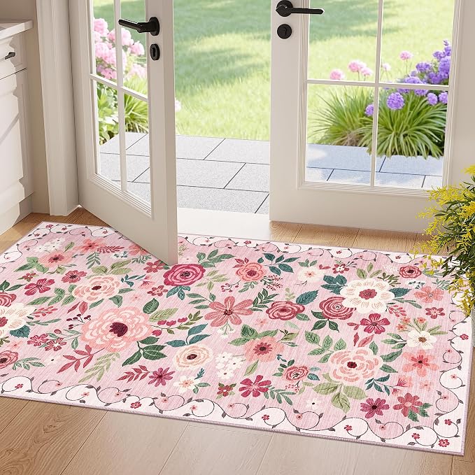 DUKINO 2x4 Rug for Entryway, Washable Kitchen Floral Runner Rug