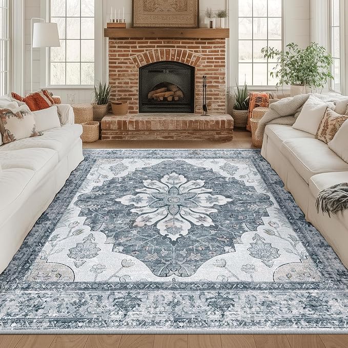 RELEANY Area Rugs Square 8ft Washable Non-Slip, Floral Vintage Distress