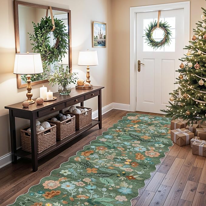 Washable 3x10 Hallway Runner Rug: Floral Scalloped Soft Runners