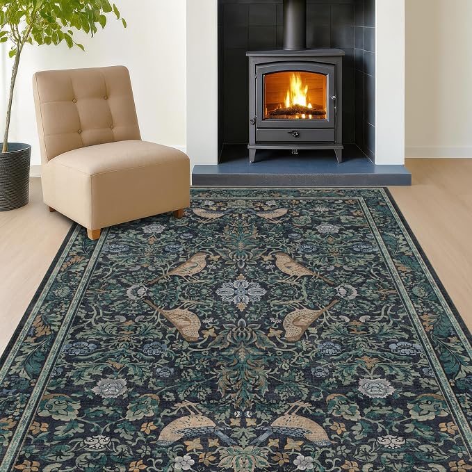 Washable 6x8 Blue Floral Area Rug