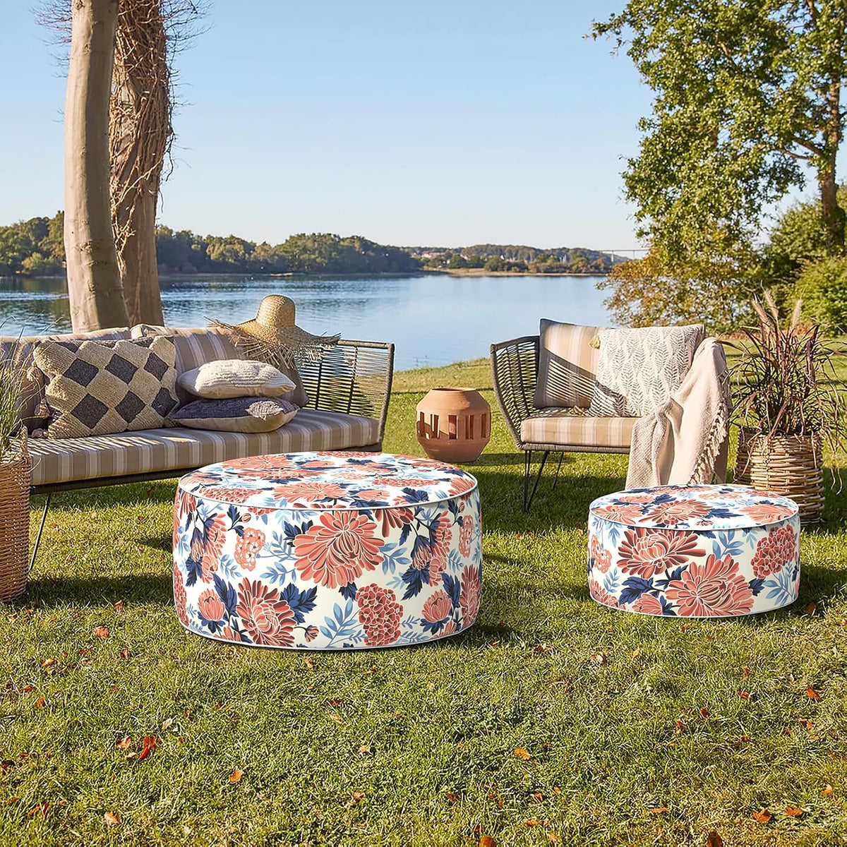 Indoor/Outdoor Inflatable Ottoman with Handle, Decorative Fade-Resistant Round Footstool D21 x H9 inch, Portable Ottoman Pouf for Patio Garden Camping, Red Chrysanthemum