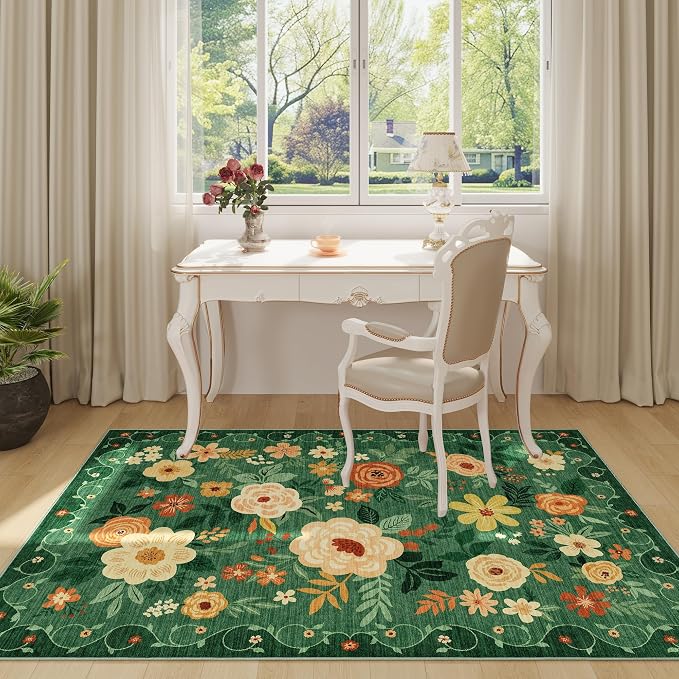 DUKINO 4x6 Area Rug, Lightweight Non Slip Washable Floral Rug, Indoor Low Pile