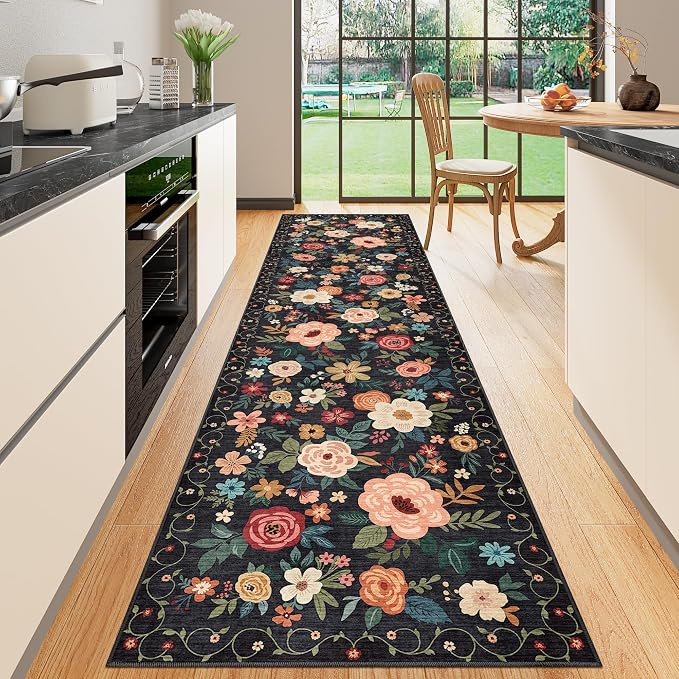 DUKINO Runner Rug for Hallway, 2.6x10 Washable Floral Long Kitchen Rug