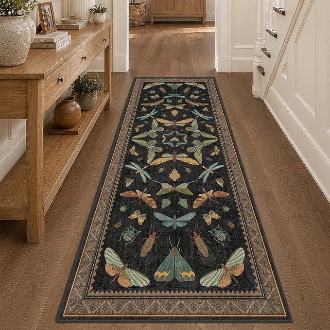 3x8 Green and Black Wide Hallway Runner Rugs - 8ft Washable Kitchen Floor Mats