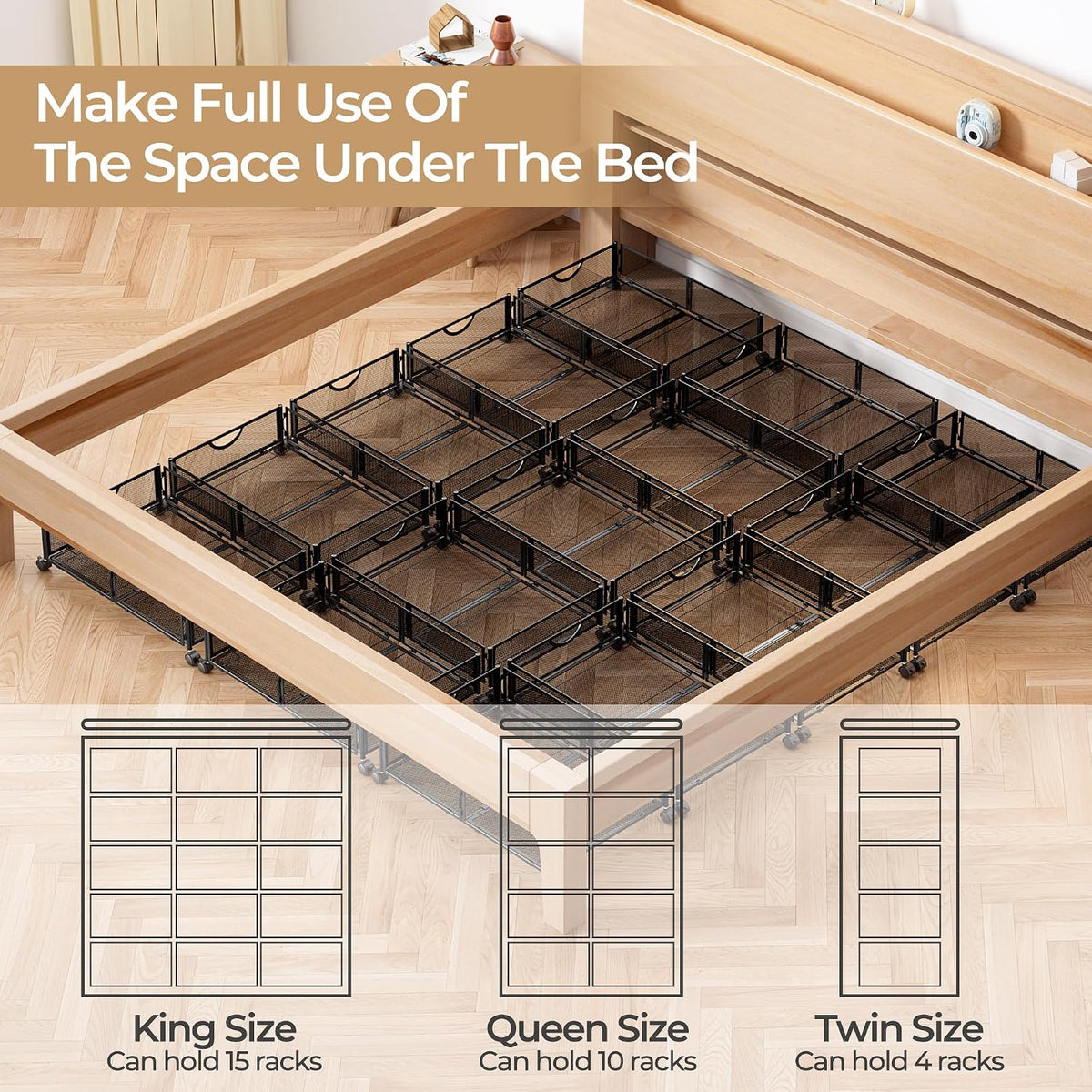 Yecaye Under Bed Storage with Wheels, 4 Pack Under Bed Shoe Storage, Black