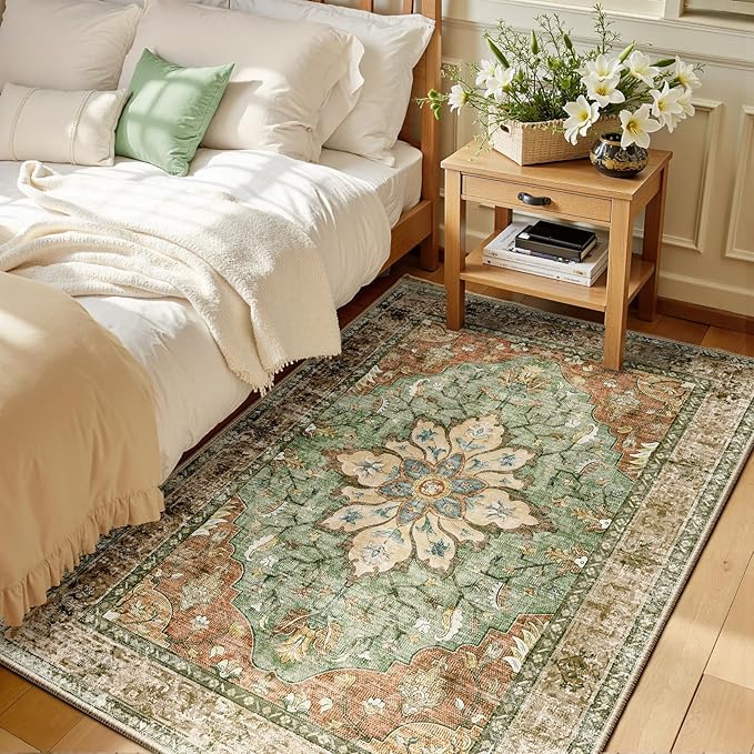 RELEANY Area Rugs 3'x5' Washable Non-Slip, Floral Vintage Distress Medallion
