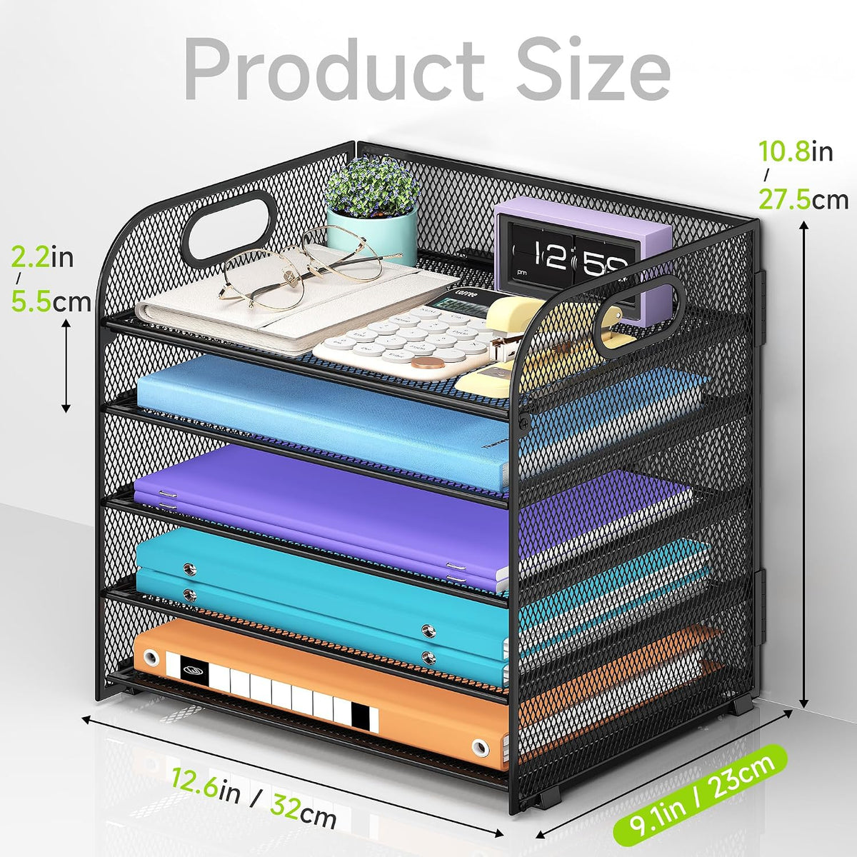 Cawukege 2 Pack 5 Tier Paper Organizer, Letter Tray with Handle, Mesh Desk Organizer, Metal File Organizer, Office Desk Accessories for Home, Office, Classroom, School -Black