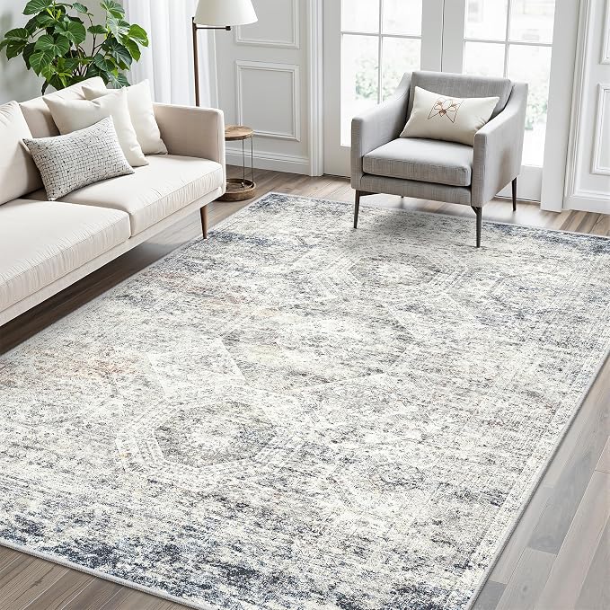 Soalmost 5x7 Area Rugs Blue Ivory Low Pile Indoor Washable Trendy Faded Style