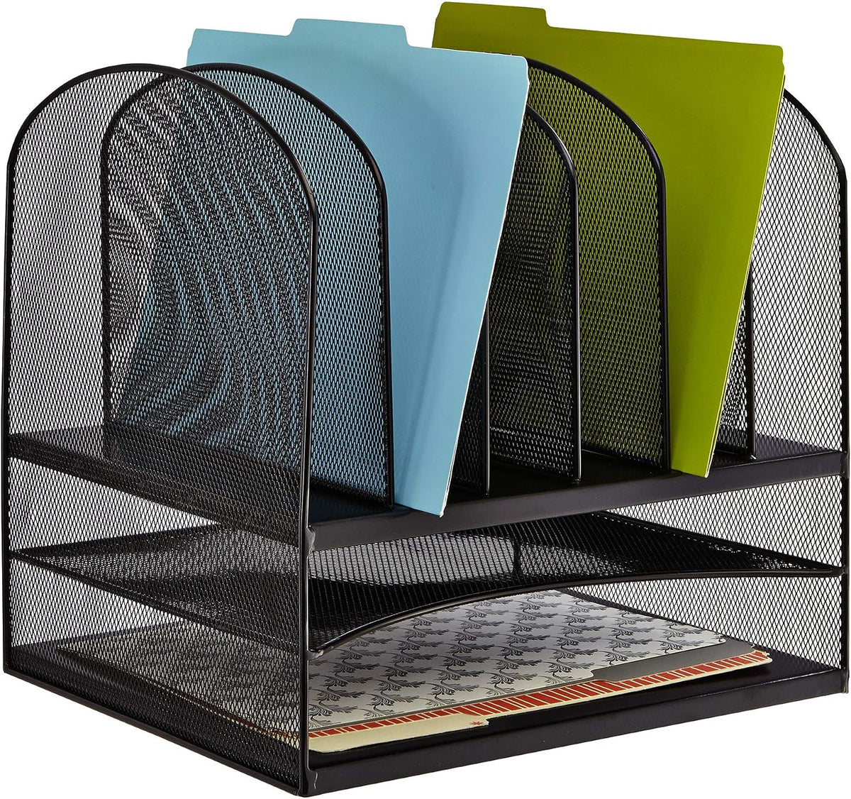Safco Onyx Desk Organizer, 6 Vertical Compartments and 2 Trays, Office and Classroom Mailbox , Paper and Mail Sorter, Steel Mesh, Black