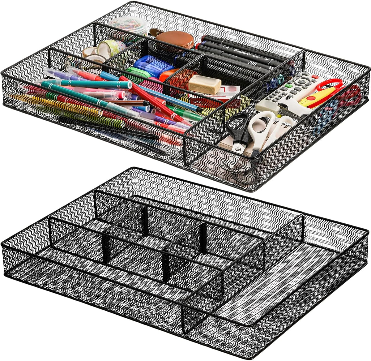 Hiceeden 2 Pack Mesh Desk Drawer Organizer, 16.1"x12.2"x2" Large Desk Organizer Tray with 2 Removable Dividers, 6 Compartment Metal Organizers for Home, Office, Makeup & Vanity