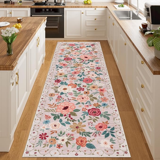 DUKINO 3x10 Runner Rug for Hallway, Washable Kitchen Floral Runner Rug