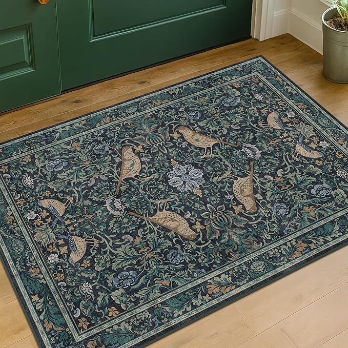 Washable Floral Small 2x3 Dark Blue Entryway Rugs Indoor, Botanical Bird