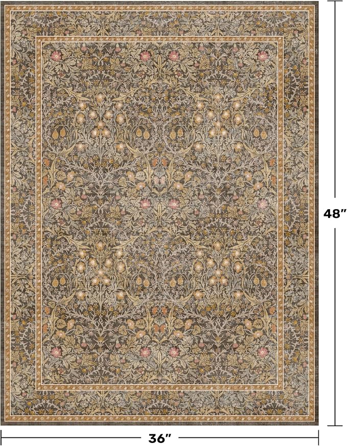 Vintage Gold Brown Entryway Rug, 3x4 Washable Area Rugs