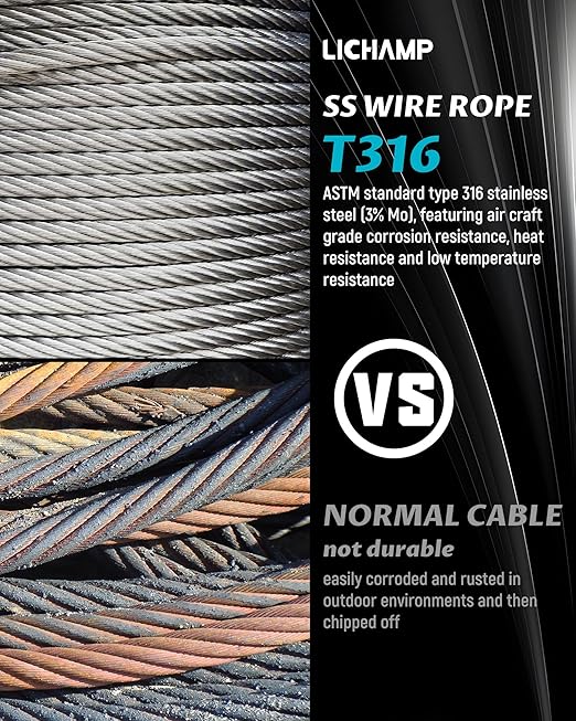 Lichamp 450FT 1/8" Stainless Steel Wire Rope Cable, Aircraft 316 SS Braided Steel Wire Thin Metal Cable Hardware for Deck Railing Handrail Safety System, SSC450