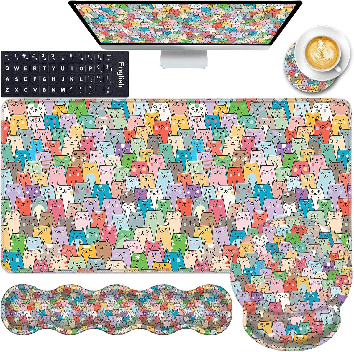 Mouse Pad,Large Pink Desk Mat, 4in1 XXL Mousepad + Keyboard Wrist Rest+Mouse Wrist Rest+Coaster Set with Ergonomic Desk Pad for Home Office Table Computer-Colorful Cats