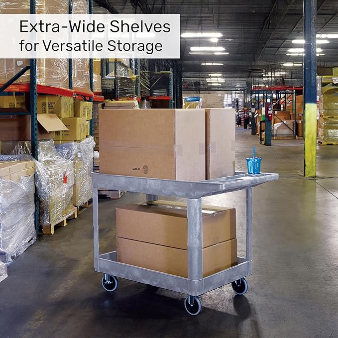 Tubstr Extra Large Two-Shelf Utility Cart with Wheels | 500 lb. Capacity Rolling Utility & Tool Cart for Warehouses, Industrial Settings, Auto Garages, & More (Gray, 45.5 x 24.5)