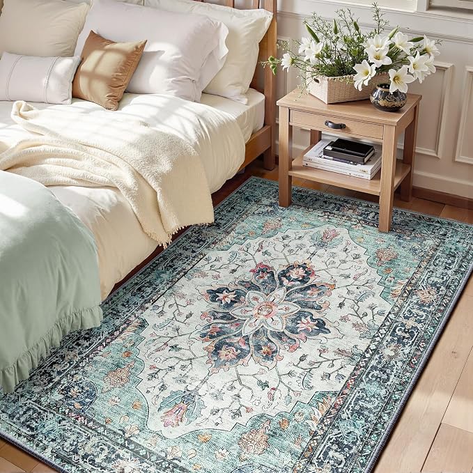 RELEANY Area Rugs 3'x5' Washable Non-Slip, Floral Vintage Distress Medallion