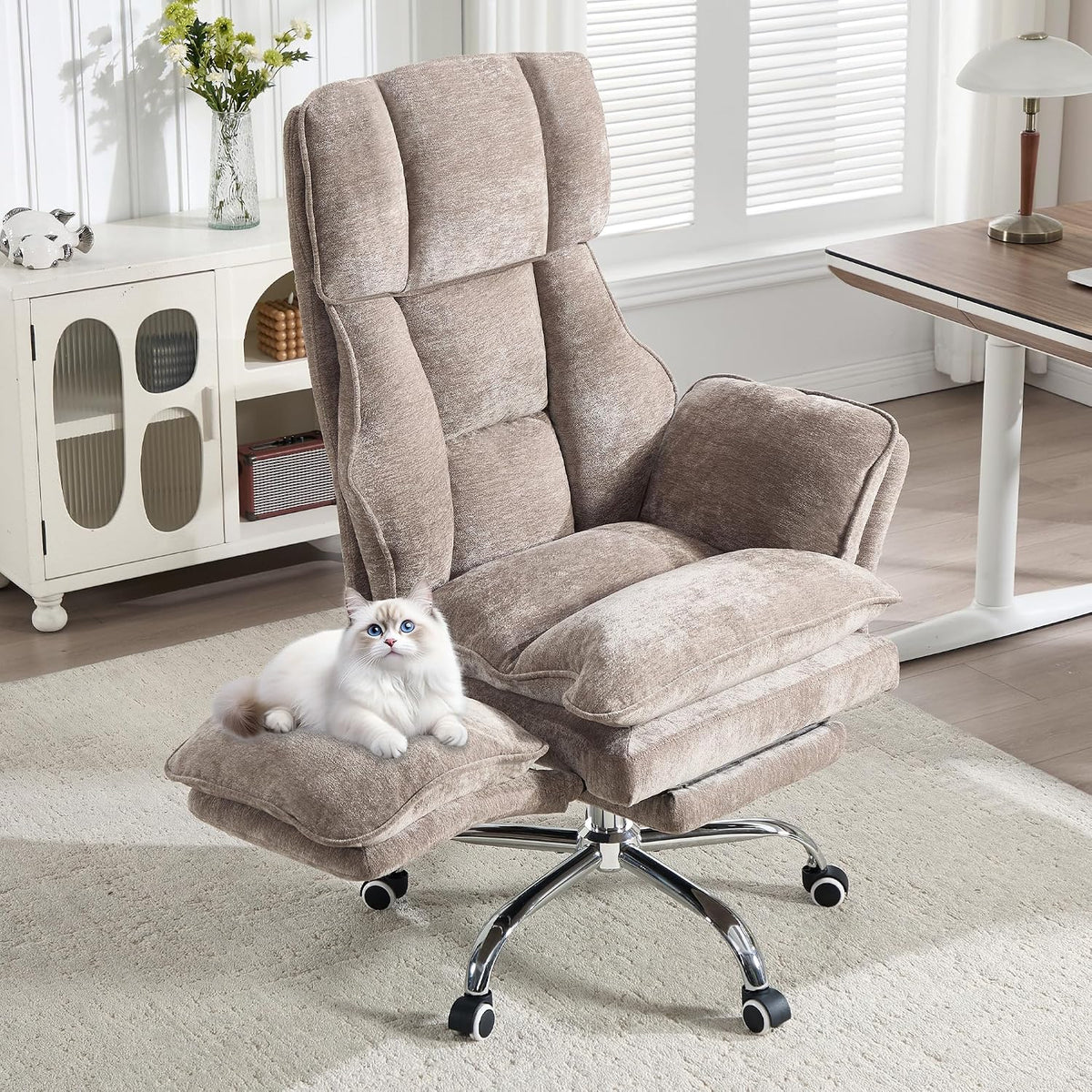 Big and Tall Office Chair with Flip Arms and Footrest, Chenille Criss Cross Legged Home Office Desk Chair with Pet Seat, Comfy Reclining Computer Gaming Chair, Khaki