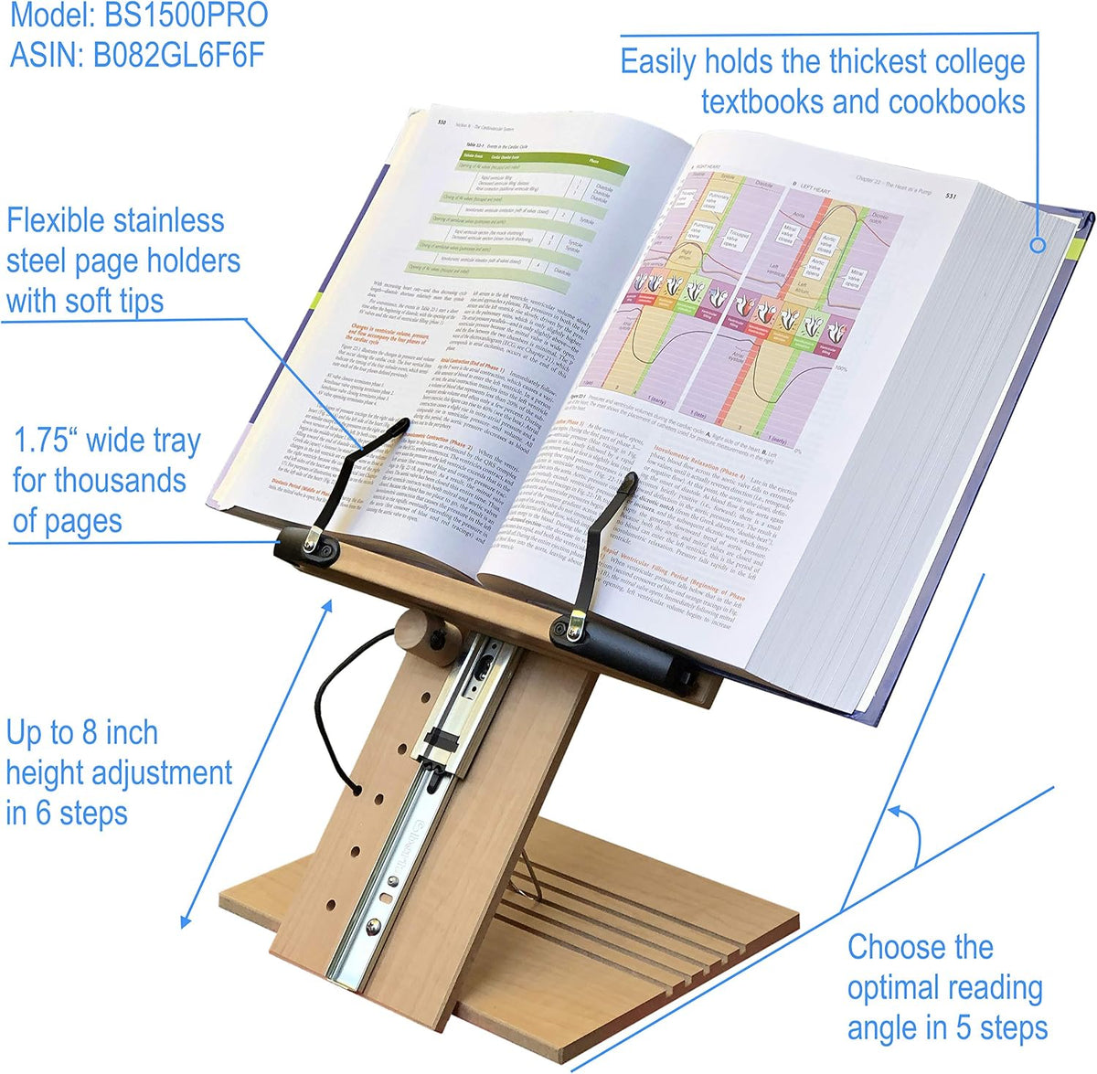 BS1500PRO Large Portable Height Adjustable Foldable Eye-Level Ergonomic Bookstand Holder for Reading Hands Free Large Thick Heavy College Textbooks Tablets Neck Pain Free