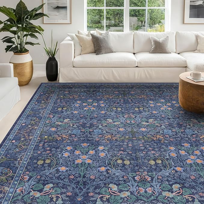 Washable Dark Blue Rug for Living Room