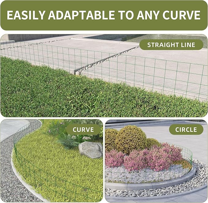Decorative Garden Fence Border Rolls, Total 14 in x 40 ft 2 Pack Metal Folding Flat Wire Fencing for Yard, Green PVC Coated Outdoor Patio Landscape Flower Bed Edging
