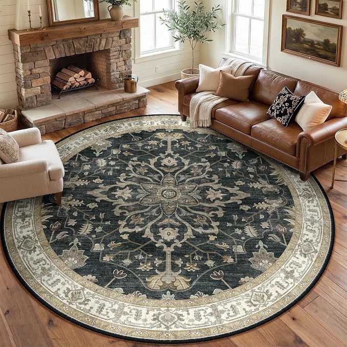 RELEANY Area Rugs Round 8ft Washable Non-Slip, Floral Vintage Distress