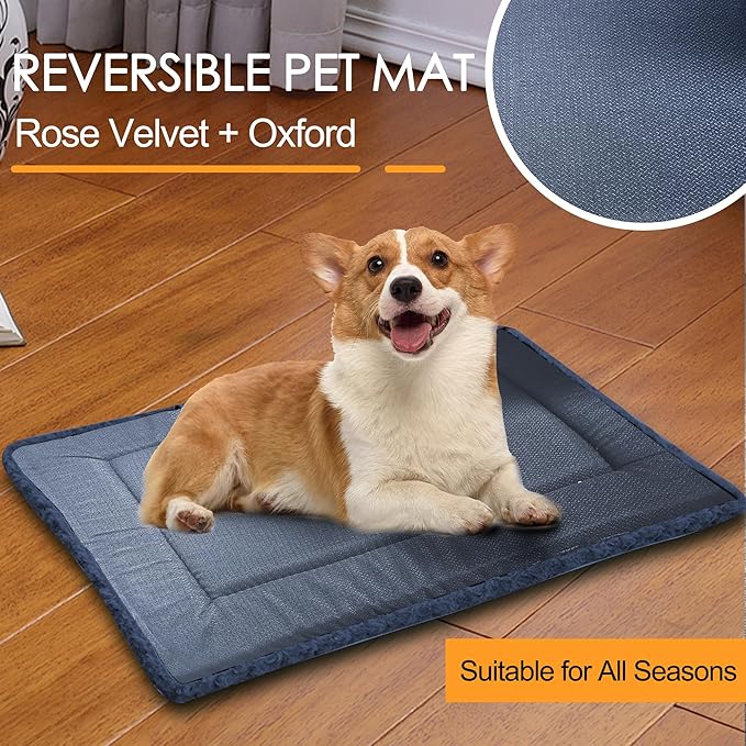 Washable Dog Bed Plush Orthopedic Outdoor Crate Mat with Non-Slip Bottom,Luxe Soft Kennel Pad for Pets, Cozy Cage Cushion & Pet Sleeping Mattress Large Sized,Medium,Small Dogs,30 x 20 inch,Blue