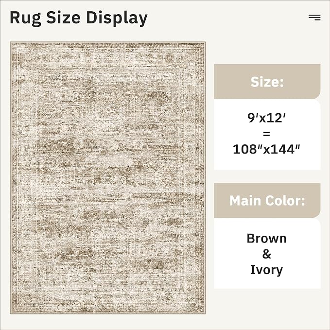 Soalmost 9x12 Area Rugs for Living Room, Non Slip Machine Washable Vintage Rugs
